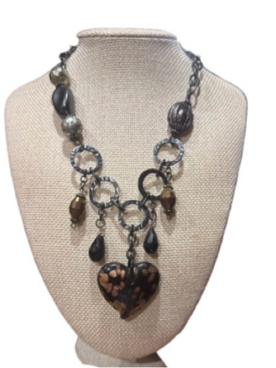 Jewelry - Statement Black and Brown glass Heart Pendant Necklace - black metal chain